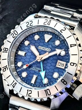 Great Seiko Honeycomb Blue Dial Automatic GMT Diver's Mod Watch 42mm 24jewels